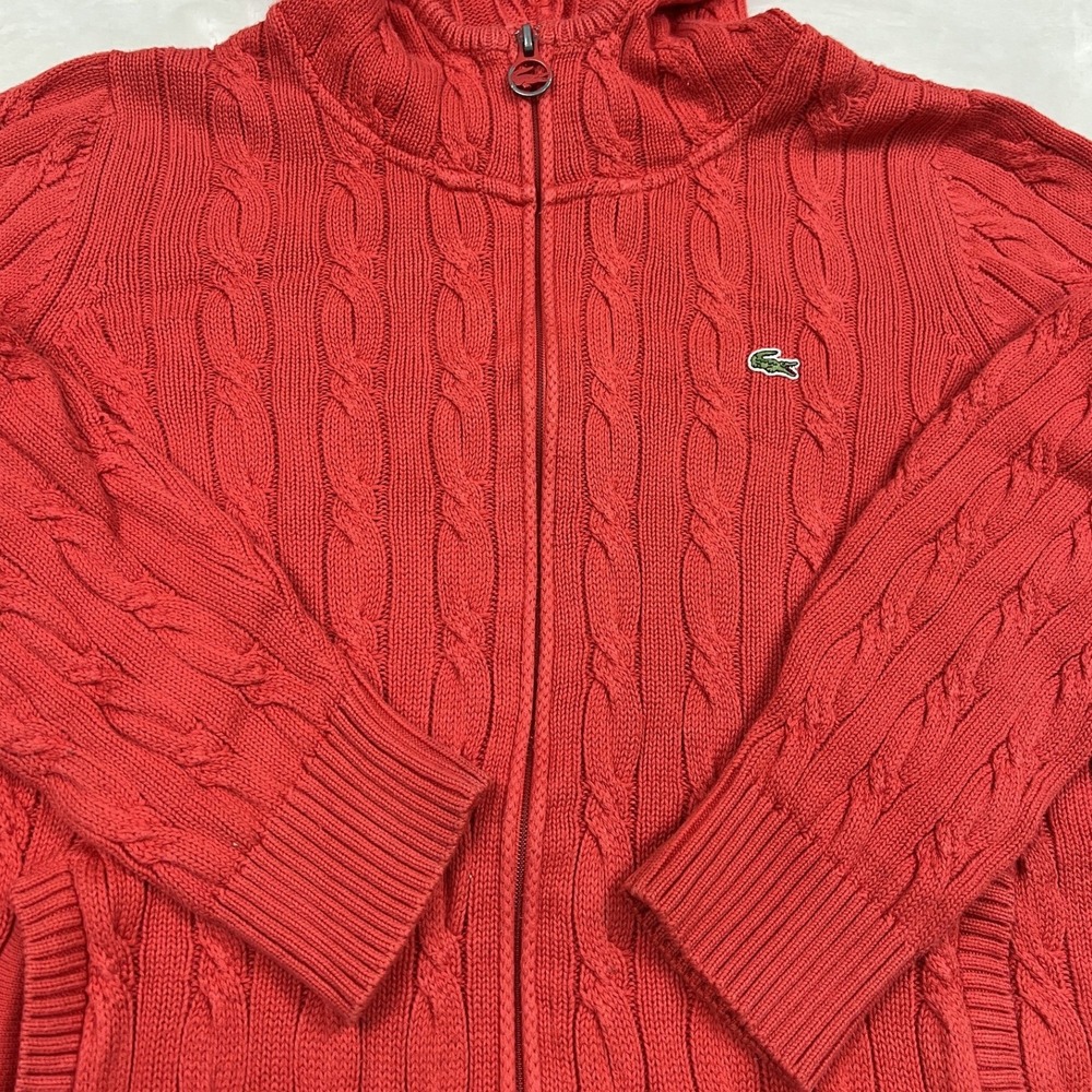 Lacoste Cable Knit Hoodie womans L Red Full Zip Cotton Sweater Logo